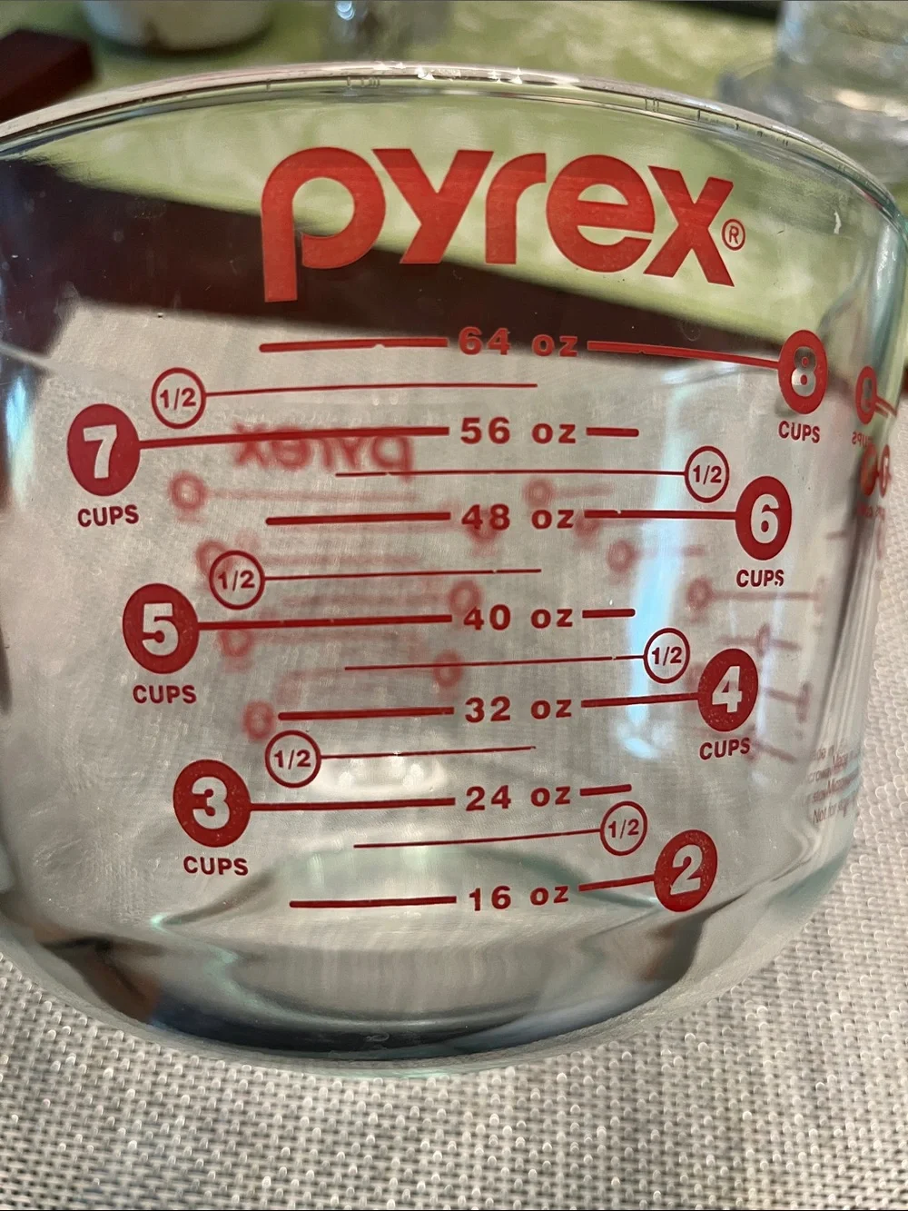 Pyrex Clear Glass Measuring Bowl with Red Lid and Red Markings